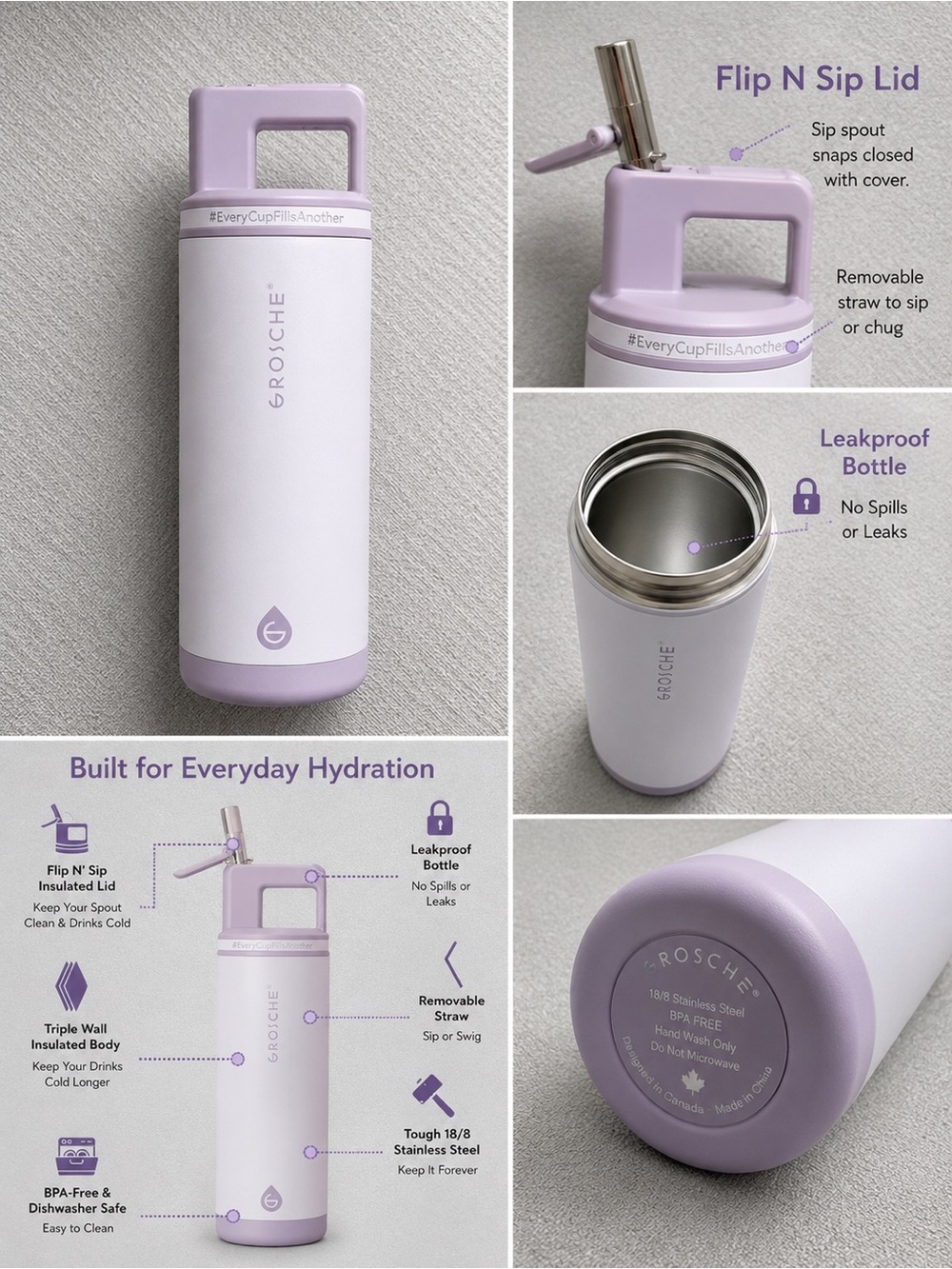 GROSCHE Alpine Flip Straw Water Bottle 20oz Lavender Lilac New